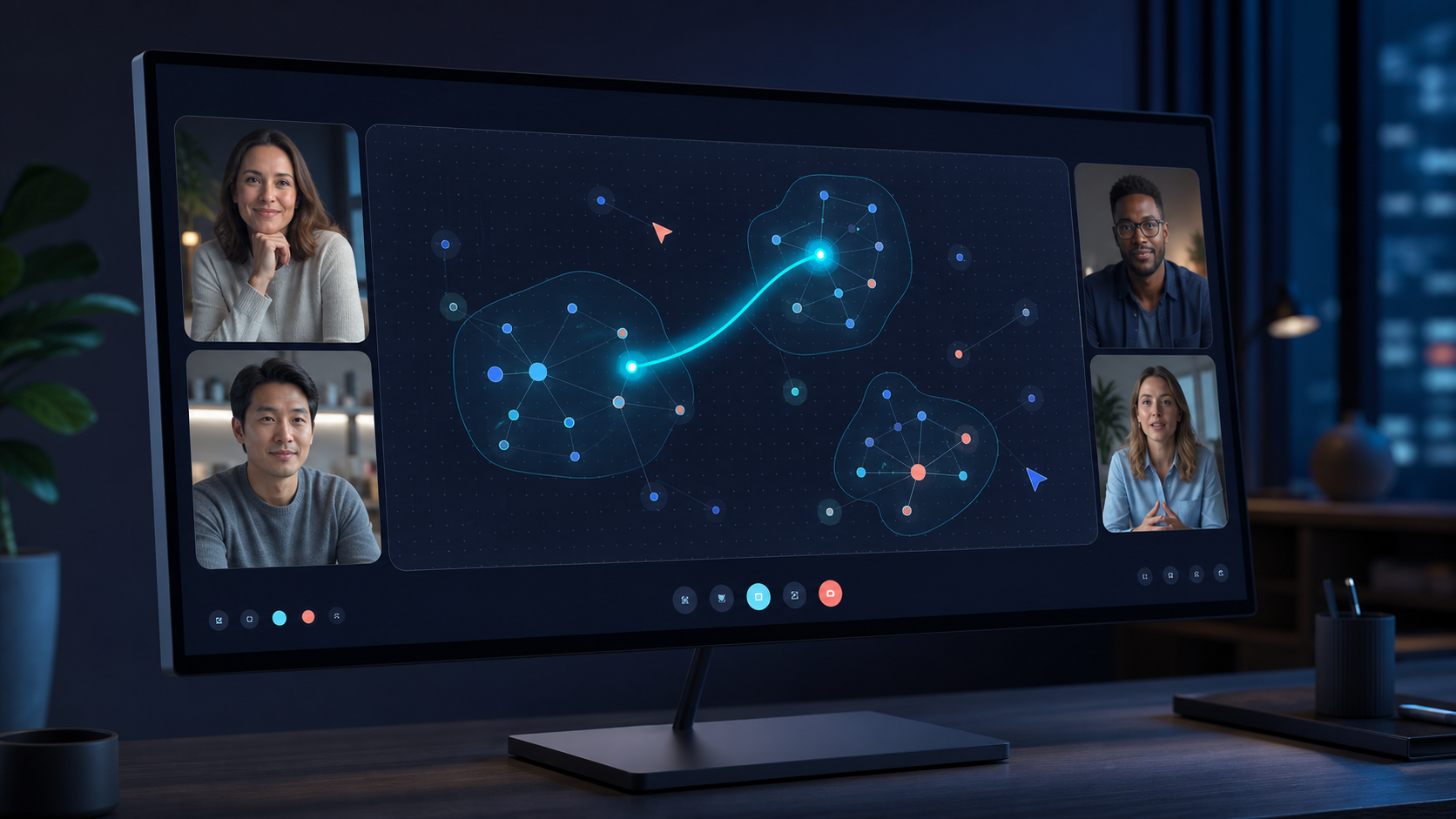 Illustrative side-on view of a Zoom-style video meeting with a Clarimind map in the shared collaboration area
